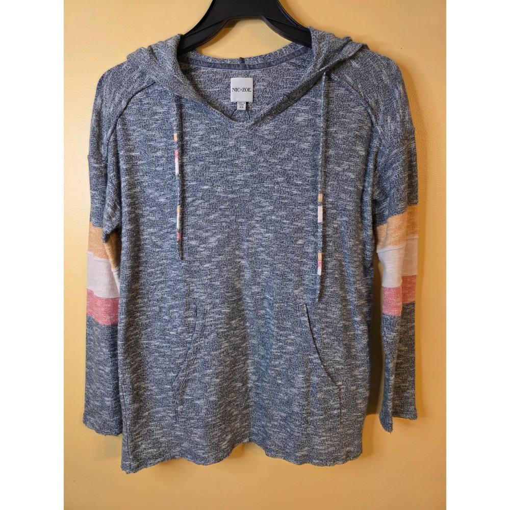 NIC+ZOE Womens Space Dye Knit Hoodie Blue Marled Striped Sleeve V-Neck XS